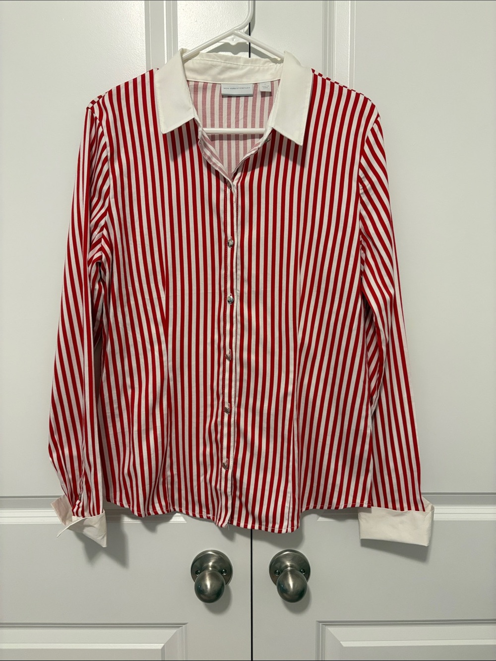 New York & Company Red and White Striped Button-Up Shirt with Contrast Collar